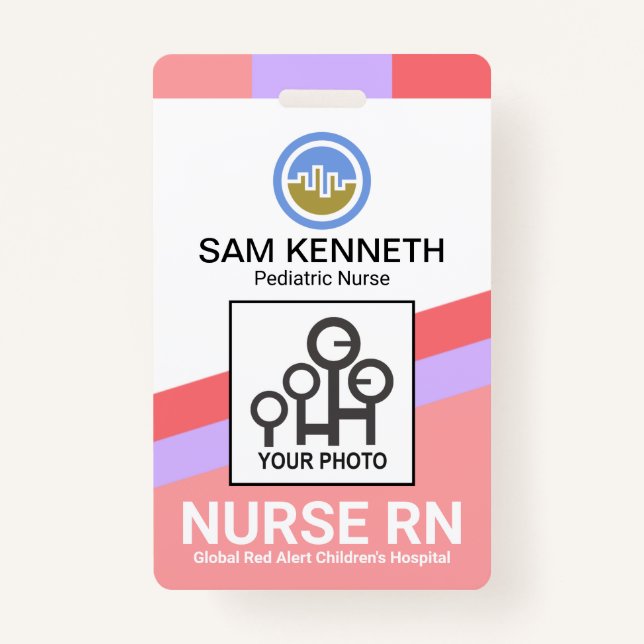 Slanting Colourful Stripes Nurse Photo Template Badge (Front)