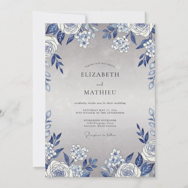 Slate Azure Leaf Wedding Invitation (Front)