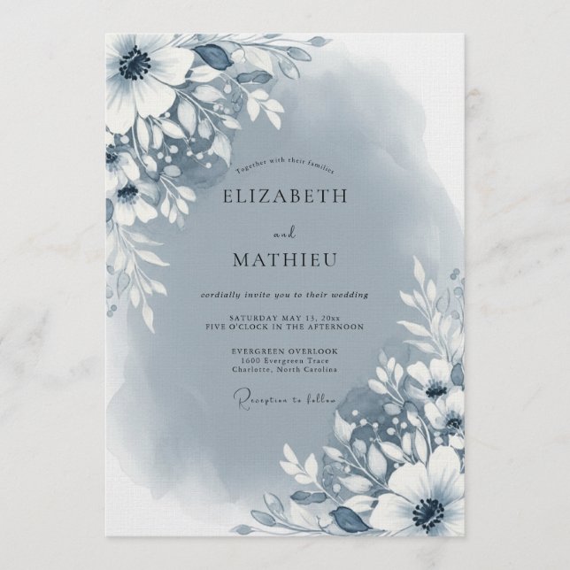 Slate Blue Abstract Floral Wedding Invitation (Front)