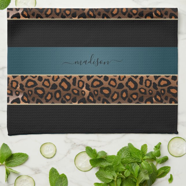 Slate Blue and Black Leopard Animal Print Kitchen Towel (Folded)