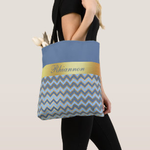 Slate Blue And Gold Chevron Pattern - Personalized Tote Bag