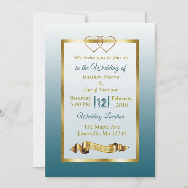 Slate Blue and Gold Hearts Wedding Invitations (Front)