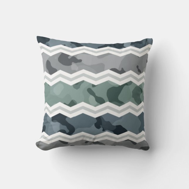 Slate Blue and Grey Camo Chevron Pattern Throw Pillow (Front)