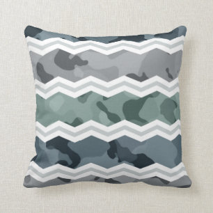 Slate Blue and Grey Camo Chevron Pattern Throw Pillow