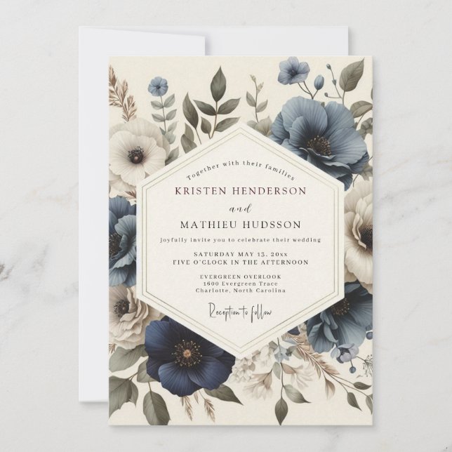 Slate Blue Antique Bloom Wedding Invitation (Front)
