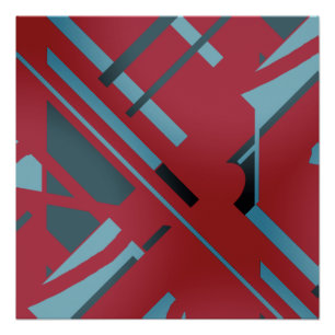 Slate Blue Aqua Black on Dark Red Abstract Design Poster