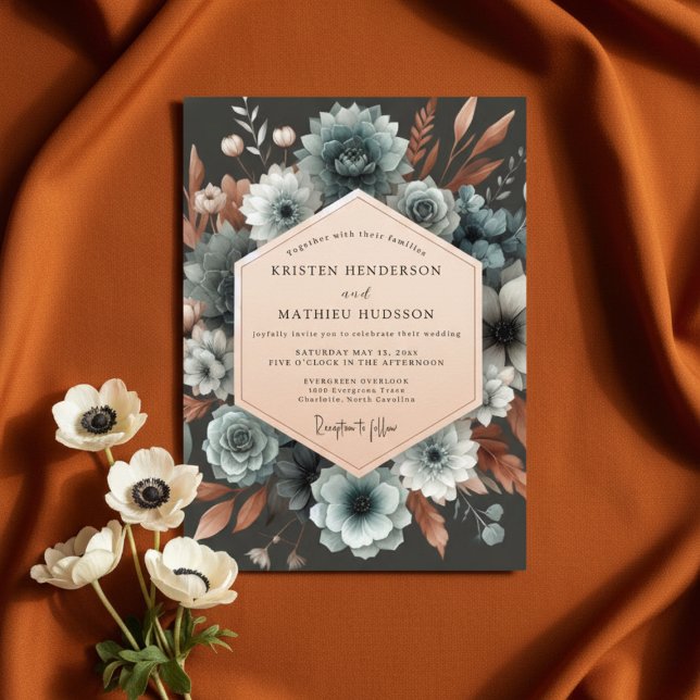 Slate Blue Autumn Bloom Wedding Invitation (Creator Uploaded)