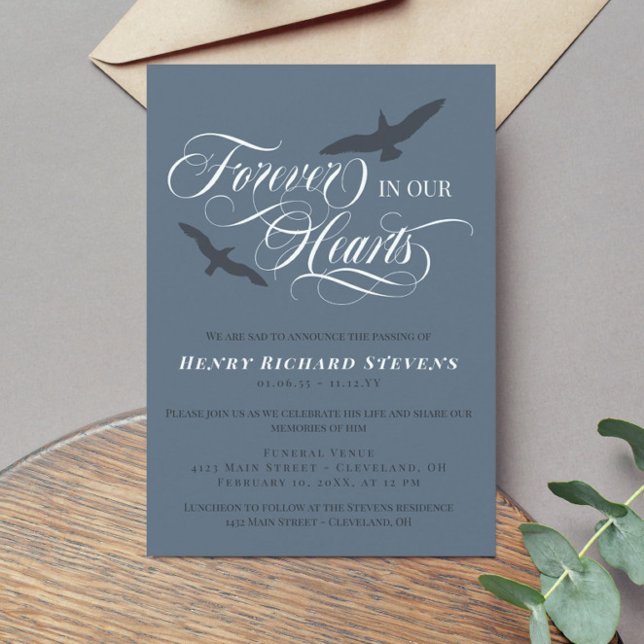 Slate Blue Birds Forever In Our Hearts Funeral Invitation (Creator Uploaded)