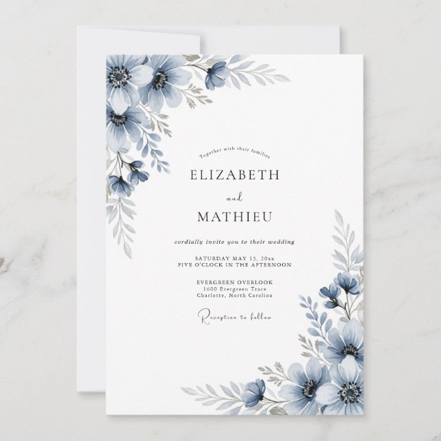 Slate Blue Botanical Romance Wedding Invitation (Front)