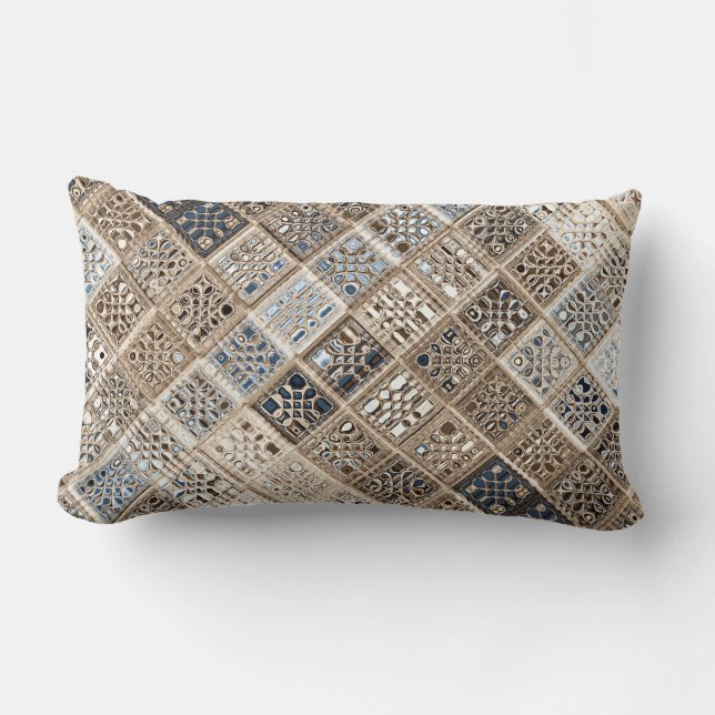 Slate Blue Brown Sari Mosaic Pattern Art Lumbar Pillow (Front)