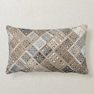 Slate Blue Brown Sari Mosaic Pattern Art Lumbar Pillow