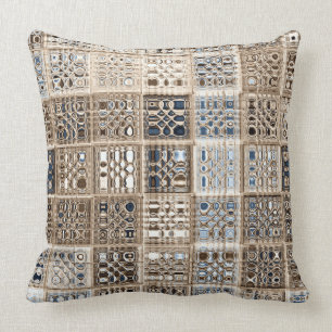 Slate Blue Brown Sari Mosaic Pattern Art Throw Pillow