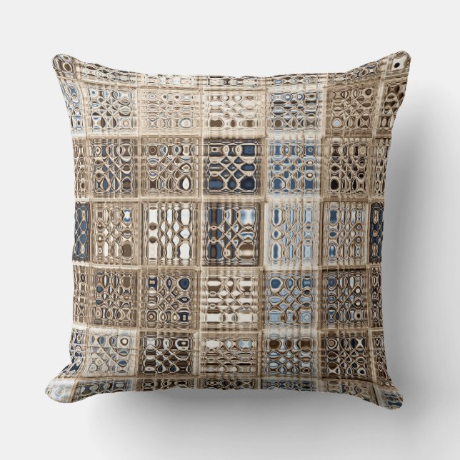 Slate Blue Brown Sari Mosaic Pattern Art Throw Pillow (Front)