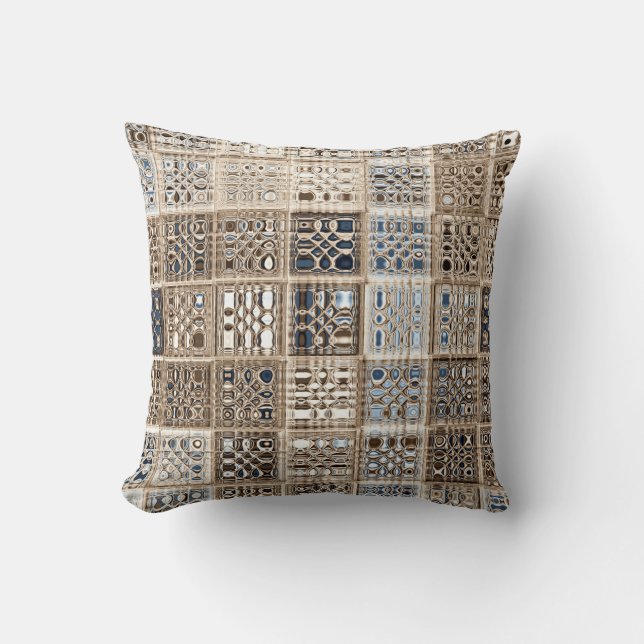 Slate Blue Brown Sari Mosaic Pattern Art Throw Pillow (Front)