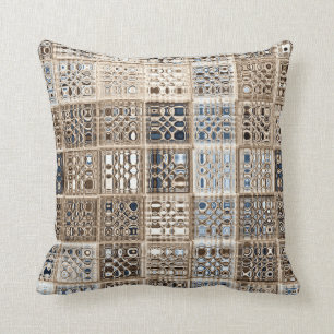 Slate Blue Brown Sari Mosaic Pattern Art Throw Pillow