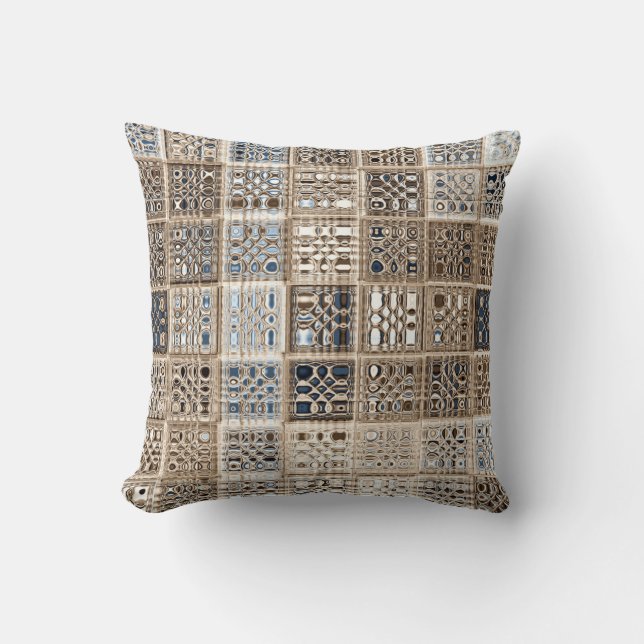 Slate Blue Brown Sari Mosaic Pattern Art Throw Pillow (Front)