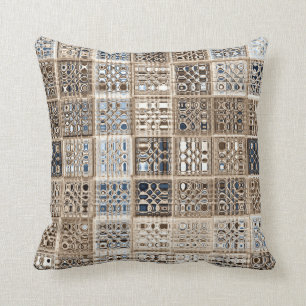 Slate Blue Brown Sari Mosaic Pattern Art Throw Pillow
