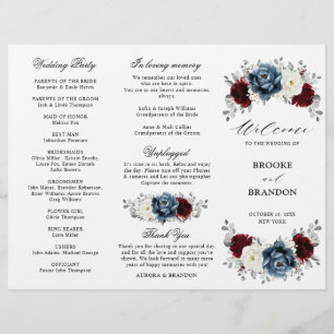 Slate Blue Burgundy Boho Wedding Tri-Fold Program 