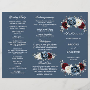 Slate Blue Burgundy Boho Wedding Tri-Fold Program