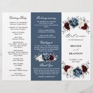 Slate Blue Burgundy Boho Wedding Tri-Fold Program