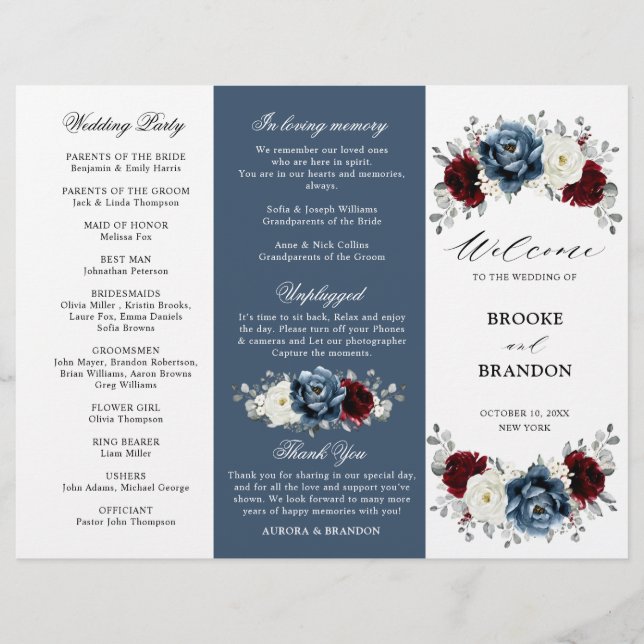 Slate Blue Burgundy Boho Wedding Tri-Fold Program  (Front)