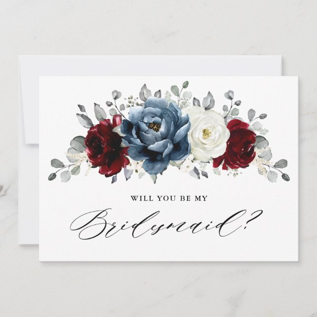 Slate Blue Burgundy Ivory Bridesmaids Proposal     Invitation (Front)