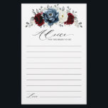 Slate Blue Burgundy White Bridal Shower Advice<br><div class="desc">Slate,  Burgundy,  White ivory themed floral bridal shower advice card featuring elegant bouquet of burgundy,  slate,  dusty blue,  ivory roses and peony flowers and dusty green eucalyptus leaves. Please contact me for any help in customization or if you need any other product</div>