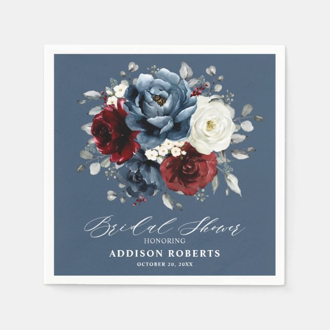 Slate Blue Burgundy White Ivory Boho Bridal Shower Napkin (Front)