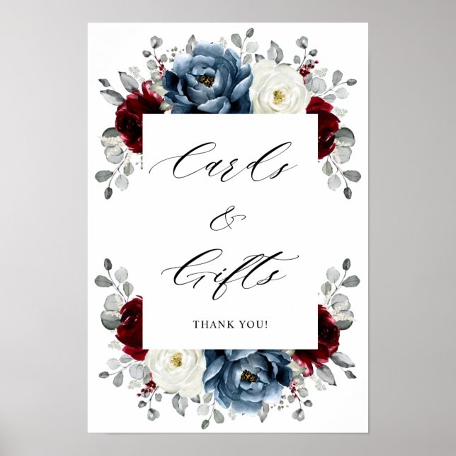 Slate Blue Burgundy White Ivory Boho Cards & Gifts Poster (Front)