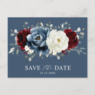 Slate Blue Burgundy White Ivory Boho Save the Date Postcard