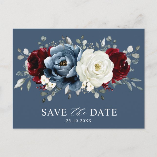 Slate Blue Burgundy White Ivory Boho Save the Date Postcard (Front)