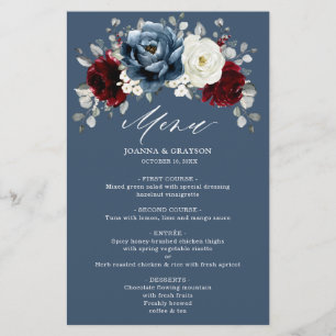 Slate Blue Burgundy White Ivory Boho Wedding Menu 