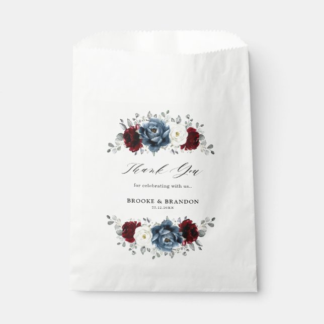 Slate Blue Burgundy White Ivory Floral Wedding  Favour Bag (Front)