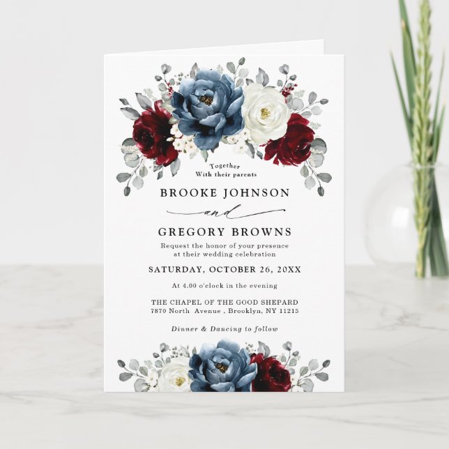 Slate Blue Burgundy White Ivory Floral Wedding  Invitation (Front)