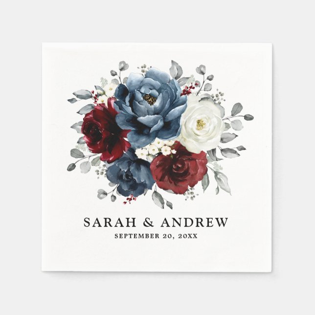 Slate Blue Burgundy White Ivory Floral Wedding  Napkin (Front)