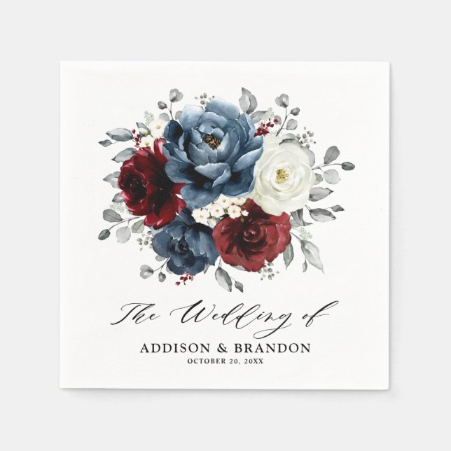 Slate Blue Burgundy White Ivory Floral Wedding  Napkin (Front)