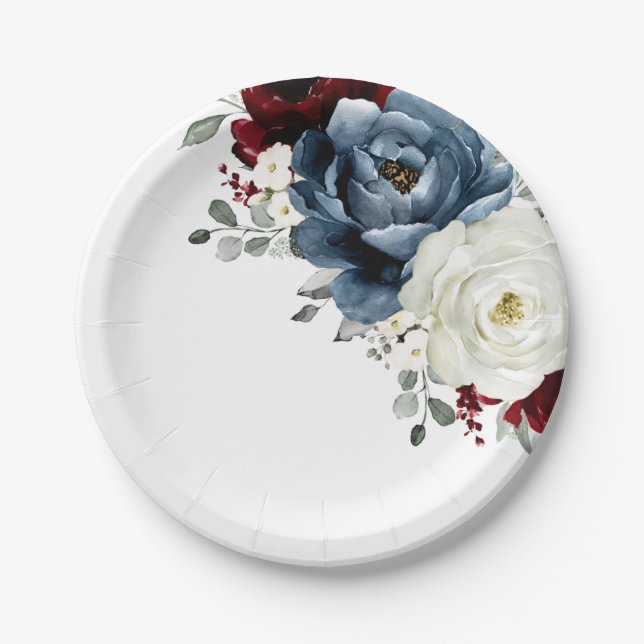 Slate Blue Burgundy White Ivory Floral Wedding  Paper Plate (Front)