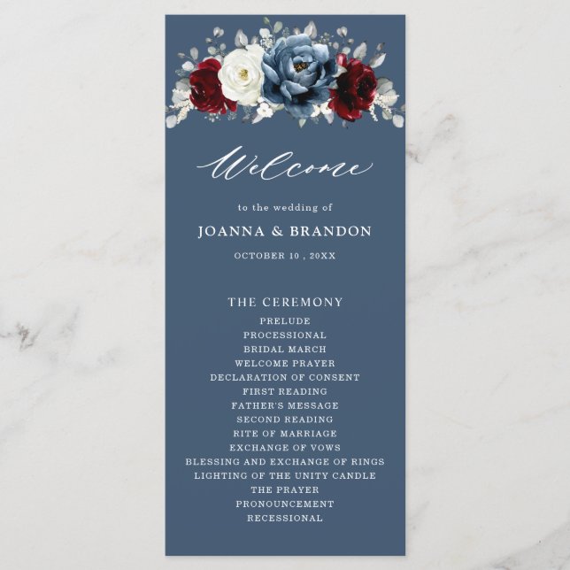 Slate Blue Burgundy White Ivory Floral Wedding  Pr Program (Front)