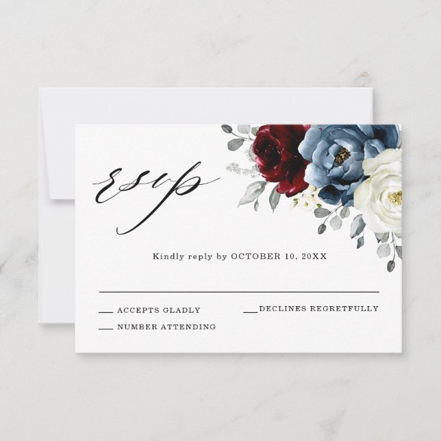 Slate Blue Burgundy White Ivory Floral Wedding RSVP Card (Front)