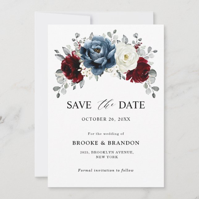 Slate Blue Burgundy White Ivory Floral Wedding  Save The Date (Front)