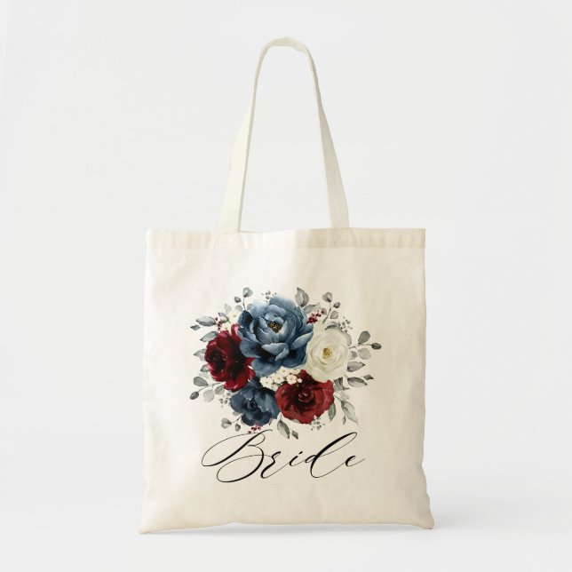 Slate Blue Burgundy White Ivory Floral Wedding  Tote Bag (Front)
