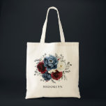Slate Blue Burgundy White Ivory Floral Wedding  Tote Bag<br><div class="desc">Slate,  Burgundy,  White ivory themed floral bridesmaid gift tote bag featuring elegant bouquet of burgundy,  slate,  dusty blue,  ivory roses and peony flowers and dusty green eucalyptus leaves. Please contact me for any help in customization or if you need any other product</div>