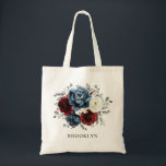 Slate Blue Burgundy White Ivory Floral Wedding  Tote Bag<br><div class="desc">Slate,  Burgundy,  White ivory themed floral bridesmaid gift tote bag featuring elegant bouquet of burgundy,  slate,  dusty blue,  ivory roses and peony flowers and dusty green eucalyptus leaves. Please contact me for any help in customization or if you need any other product</div>