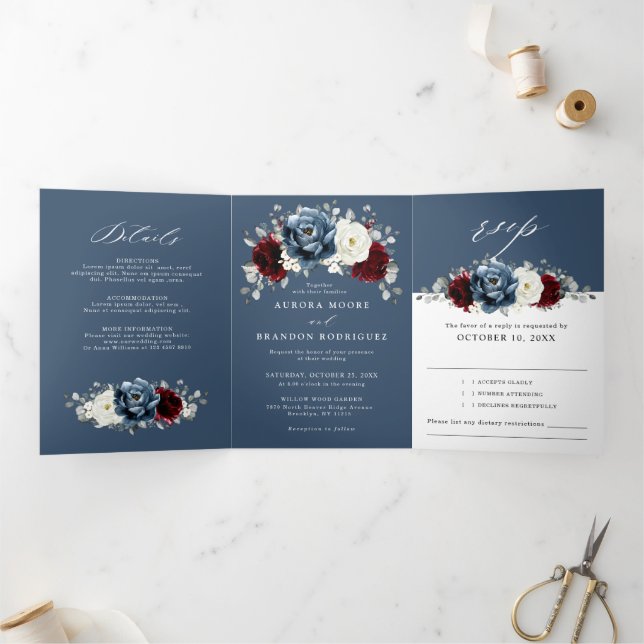 Slate Blue Burgundy White Ivory Floral Wedding  Tr Tri-Fold Announcement (Inside)