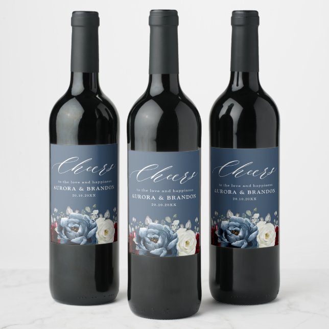 Slate Blue Burgundy White Ivory Floral Wedding  Wi Wine Label (Bottles)