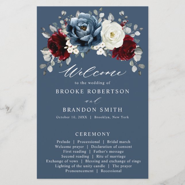 Slate Blue Burgundy White Ivory Wedding Program (Front)