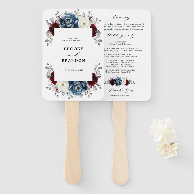 Slate Blue Burgundy White Ivory Wedding Program    Hand Fan (Front and Back)