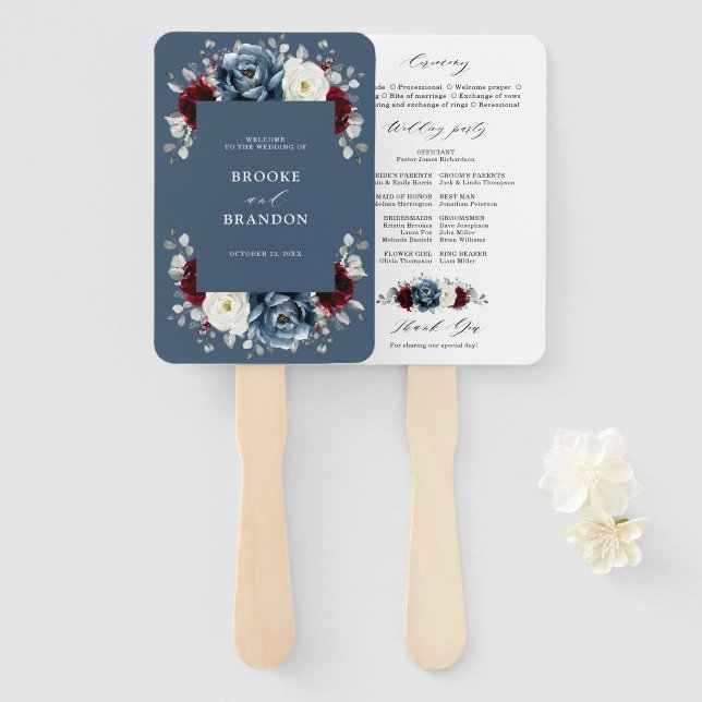 Slate Blue Burgundy White Ivory Wedding Program    Hand Fan (Front and Back)