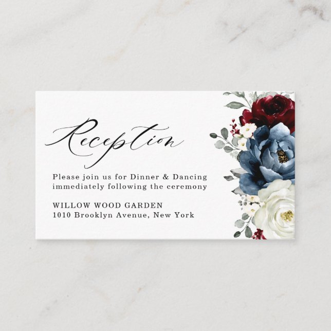 Slate Blue Burgundy White Ivory Wedding Reception  Enclosure Card (Front)