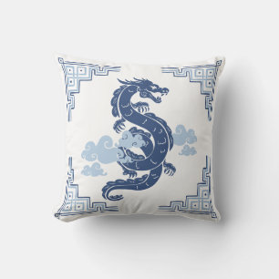 Slate Blue Chinoiserie Dragon and Clouds Throw Pillow